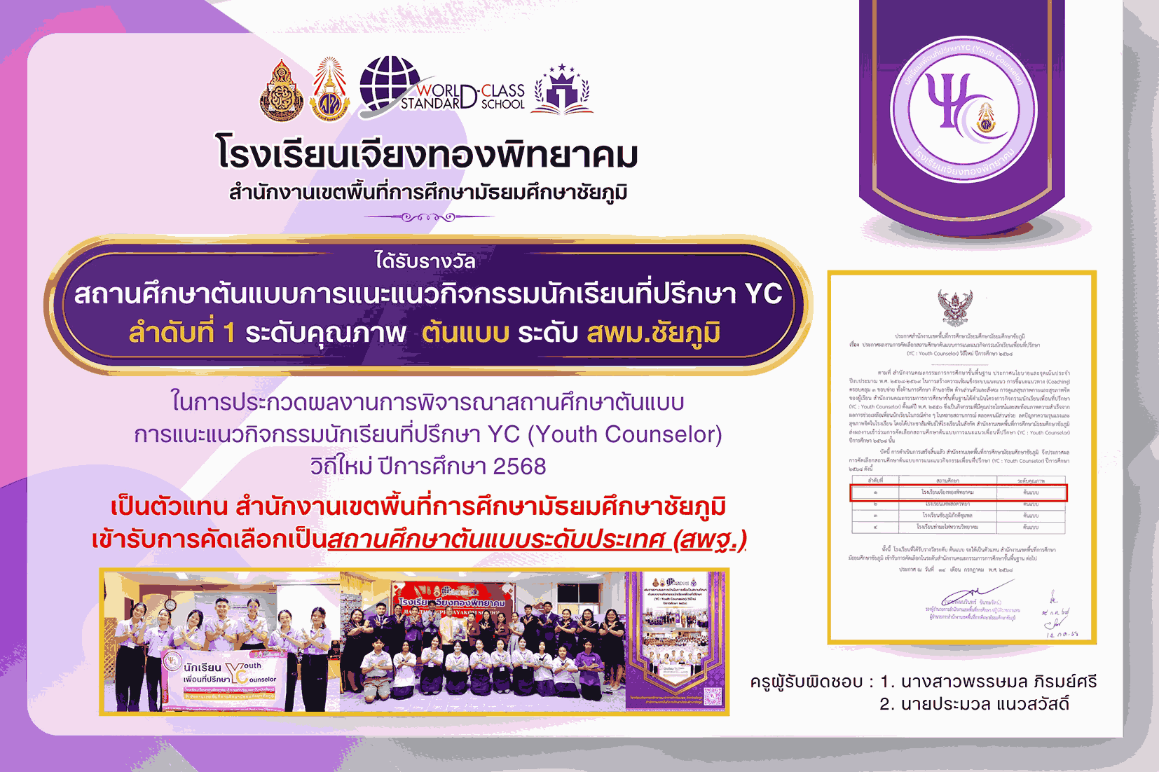 โรงเรียนเจียงทองพิทยาคม ได้รับรางวัล สถานศึกษาต้นแบบการแนะแนวกิจกรรมนักเรียนที่ปรึกษา YC ลำดับที่ 1 ระดับคุณภาพ ต้นแบบระดับ สพม.ชัยภูมิ ในการประกวดผลงานการพิจารณาสถานศึกษาต้นแบบการแนะแนวกิจกรรมนักเรียนที่ปรึกษา YC (Youth Counselor) วิถีใหม่ ปีการศึกษา2568